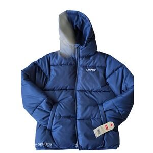 Levi's Boys Puffer Jacket Coat Blue Hooded Insulated Winter Warm Kids size 10/12